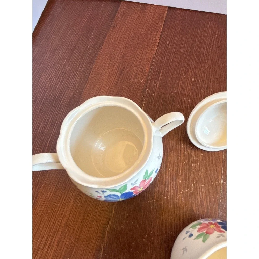 Floral Ceramic Creamer and Lidded Sugar Bowl Set Cream Blue Pink Flowers